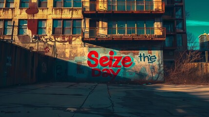 ''Seize the Day'' Graffiti on Abandoned Building
