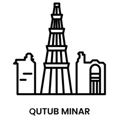 Qutub Minar, Delhi, India. minimalist line art icon, a historical landmark for web, mobile apps and UI.