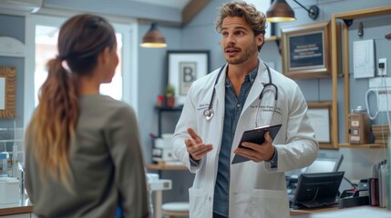 Young Doctor Discusses Health Concerns With Patient in Clean Modern Clinic Setting. Generative AI
