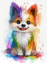 Cute, cheerful puppy with multicolored fur, illustrated