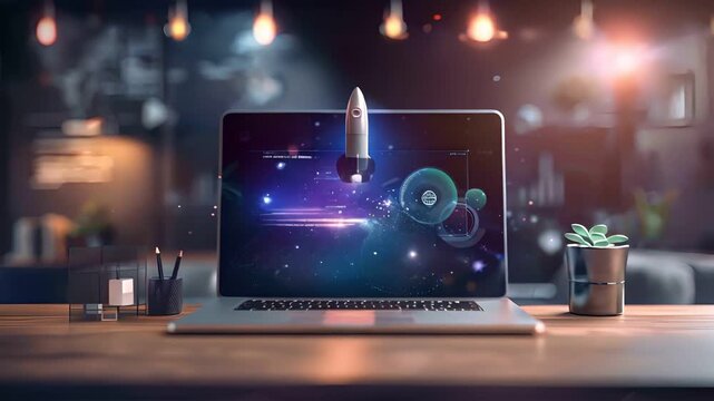A rocket launching from a laptop screen, representing digital innovation, business growth, and technology advancement.
