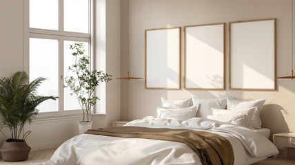 Modern style bedroom interior with a beige bed and mock up frames for wall decoration.