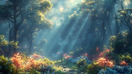 Fototapeta premium Magical Enchanted Forest with Sunlight Rays and Foggy Atmosphere