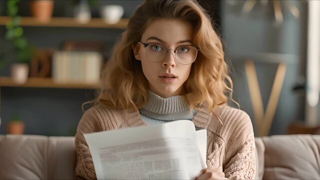 A young woman with wide eyes and an open mouth stares in shock at a piece of paper in her hands.