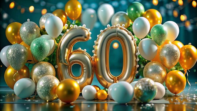 festive background congratulations on the  birthday, the number 60 on the background of white balloons
