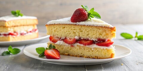 Victoria sponge cake slice with strawberries, jam, and whipped cream filling, Victoria sponge cake, strawberries, jam