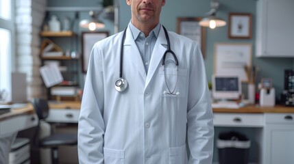 Doctor Wearing White Lab Coat in Modern Clinic Setting During Daytime Consultations. Generative AI