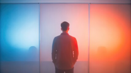 Obraz premium A Man Standing in Front of a Wall with Blue and Red Lighting
