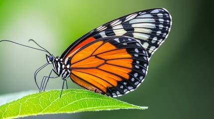 Obraz premium Macro shot of a multihued butterfly on a leaf, focus on intricate wing details, soft morning light, natures delicate beauty, high-resolution photo, realistic photo