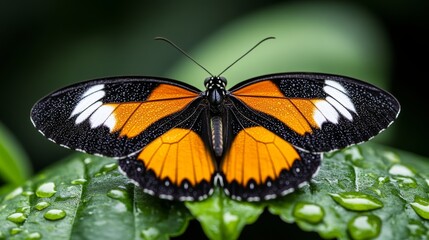 Fototapeta premium Close-up of a vividly colored butterfly resting on a dewy leaf, detailed texture of wings, natural light highlighting colors, high-resolution photo, realistic photo