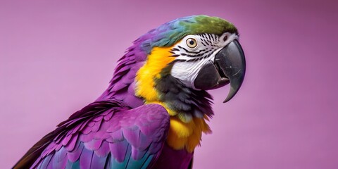 Fototapeta premium A vibrant parrot with colorful feathers against a blue background, featuring a striking close-up that highlights the bird’s vivid plumage and sharp beak.