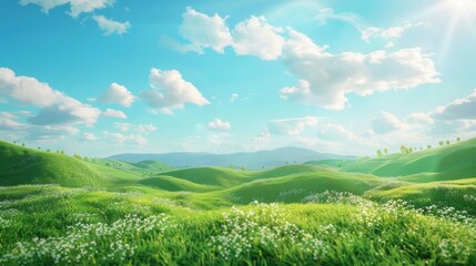 A 3D illustration of a vibrant landscape featuring a clear blue sky, fluffy white clouds, and lush green grass, creating a vivid and immersive natural scene
