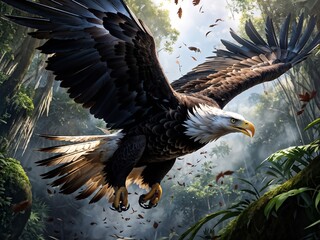 Fototapeta premium Beautiful Eagle flying in the Jungle. Bald Eagle Soaring Through the Jungle. Eagle Sniper Shot in the Canopy. Bald Eagle in the Heart of the Jungle. Eagle's Journey wildlife photography concepts