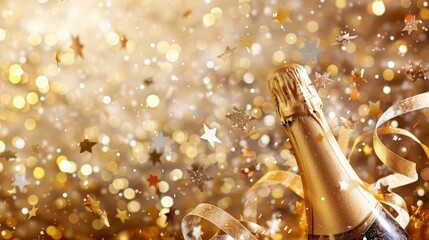 A champagne bottle pops open, releasing a shower of golden confetti and sparkling lights. Perfect for celebratory occasions.