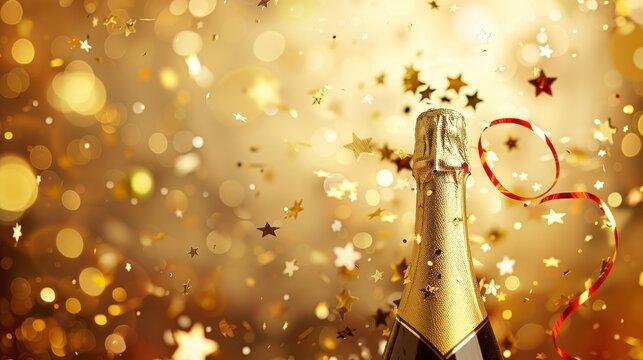 A champagne bottle with golden confetti and stars, perfect for a celebratory occasion.