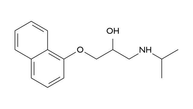 propanolol molecule, structural chemical formula, ball-and-stick model, isolated image inderal