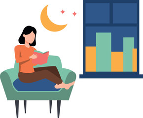 The girl is reading a book at night.