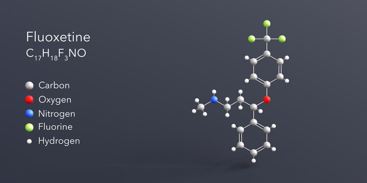 fluoxetine molecule 3d rendering, flat molecular structure with chemical formula and atoms color coding