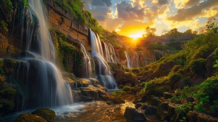 Stunning Sunrise Waterfall in the Green Jungle with Flowing Streams is peaceful and picturesque