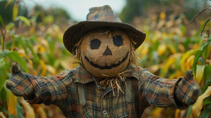 A scarecrow with a detailed pumpkin face wears a plaid shirt and hat, standing with arms open in a lush green cornfield, embodying the essence of autumn harvest.