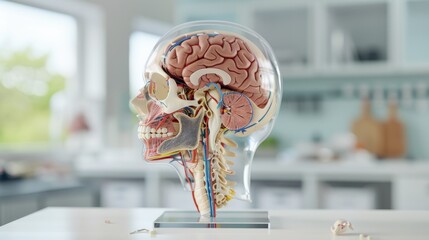 A detailed anatomical model of a human head, showcasing the brain and internal structures.  A clear, transparent model perfect for medical or educational purposes.