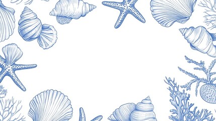 Seashells and starfish hand drawn line art border frame vector illustration on white background.