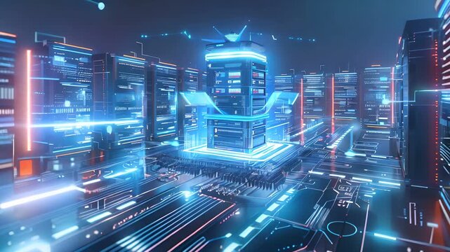 Abstract futuristic cityscape with glowing neon lights and digital structures.