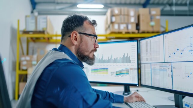 A focused businessman working at a computer with multiple monitors in a warehouse setting. He is analyzing data and charts.