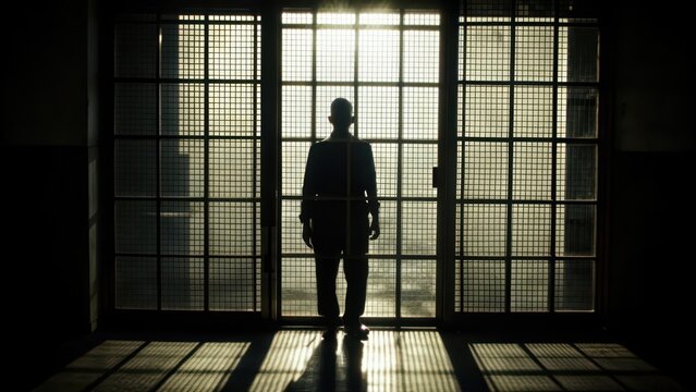 Silhouette of a Person Standing Before a Window with a Grid Pattern