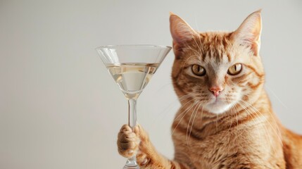 A whimsical scene featuring a cat holding a cocktail, combining playful and imaginative elements