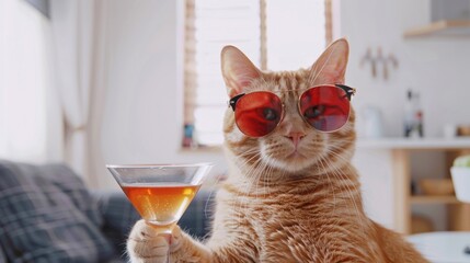 A creative scene featuring a cat wearing sunglasses while holding a cocktail, showcasing a playful and whimsical concept