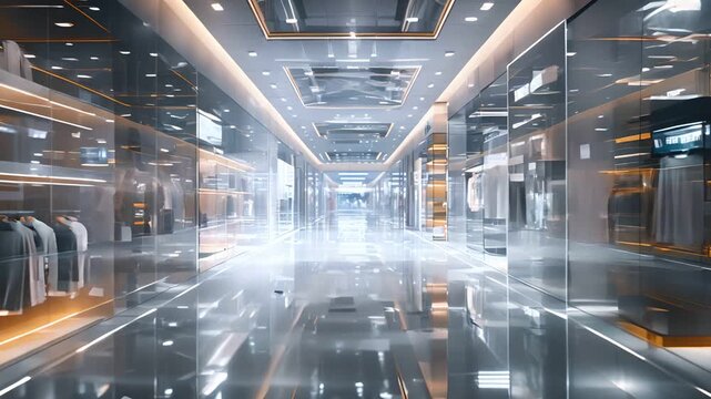 Futuristic shopping mall interior with glowing lights and empty storefronts.