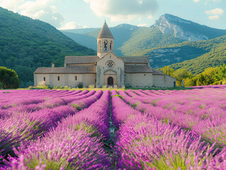  a beautiful church surrounded by a field of lavender. The church has a tall tower and a pointed roof, and it is nestled in a valley with mountains in the background.