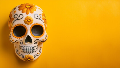 Overhead Shot of a Day of the Dead Skull with Copy Space: Traditional Mexican Celebration Featuring a Colorful Skull Decoration