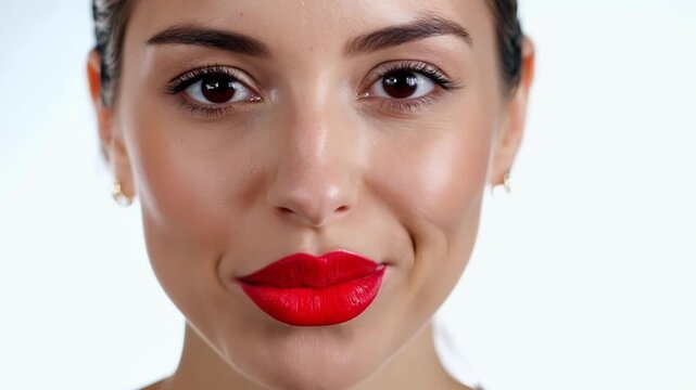 A young woman with a bright red lip and a mischievous glint in her eye her face exuding excitement as she eagerly awaits for soing shes been looking forward to. The background is a