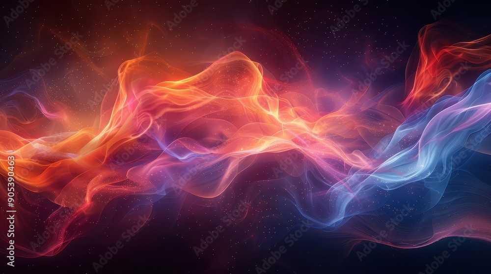 Poster abstract art featuring colorful clouds of light in motion, blending blues and reds against dark and 