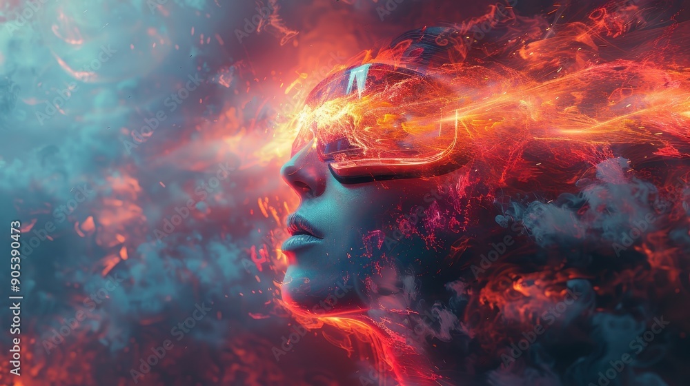 Poster this vibrant image features fiery swirls of red and orange merging seamlessly with cool blue smoke c