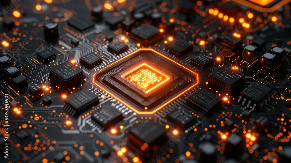 Poster a high-tech microchip featuring glowing orange circuitry pathways. this macro image highlights the i