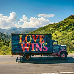 Truck with vibrant "Love Wins" graffiti driving on a scenic mountain road, surrounded by lush green hills and clear skies.
