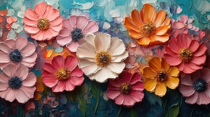 Bright Colorful Flower Oil Painting on Blue Background