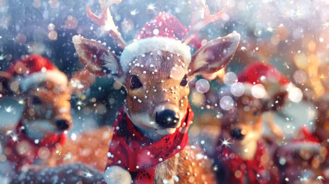 a festive wallpaper featuring cute deer dressed in Santa hats and scarves, christmas decoration tree. seamless looping time-lapse virtual 4k video animation background