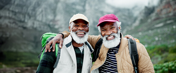 Portrait, senior or black people hiking in nature in outdoor adventure or journey in woods for...