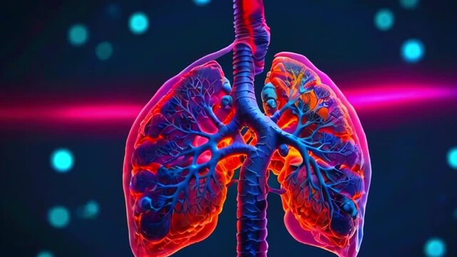 This is an video of a 3D rendering of a human lung, with a red and blue color scheme.