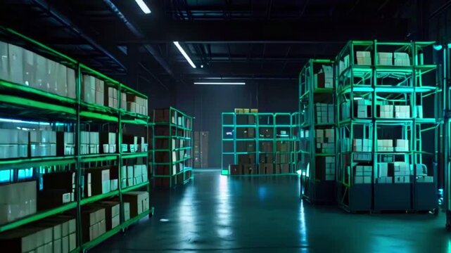 This is a warehouse with green shelving units and boxes. There are lights and possibly a robot.