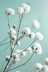 sharp photo beautiful white fluffy cotton flowers against a light teal background