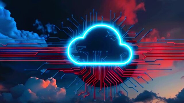 This video shows a blue cloud symbol with red circuit lines around it, against a night sky with clouds.