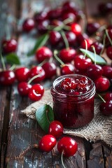 sharp photo homemade cherry jam displayed on a rustic wooden background with ample copy space