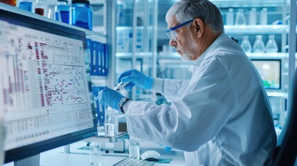 A senior scientist in a lab coat works at a computer, analyzing data and conducting research.