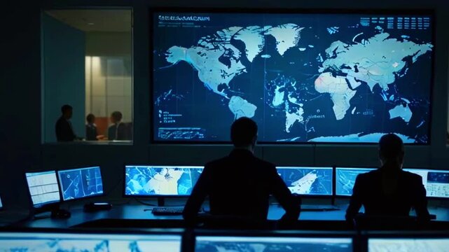 This is a control room with a large map of the world on a screen and many smaller screens. There are people in the room.
