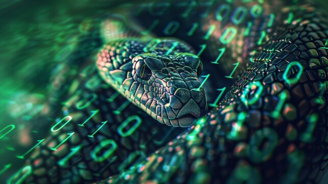 A snake intertwined with binary code, symbolizing Python libraries and programming.